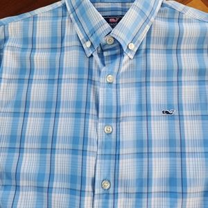 VINEYARD VINES Performance Whale Shirt  Light Blue Plaid Youth Big Boy 18